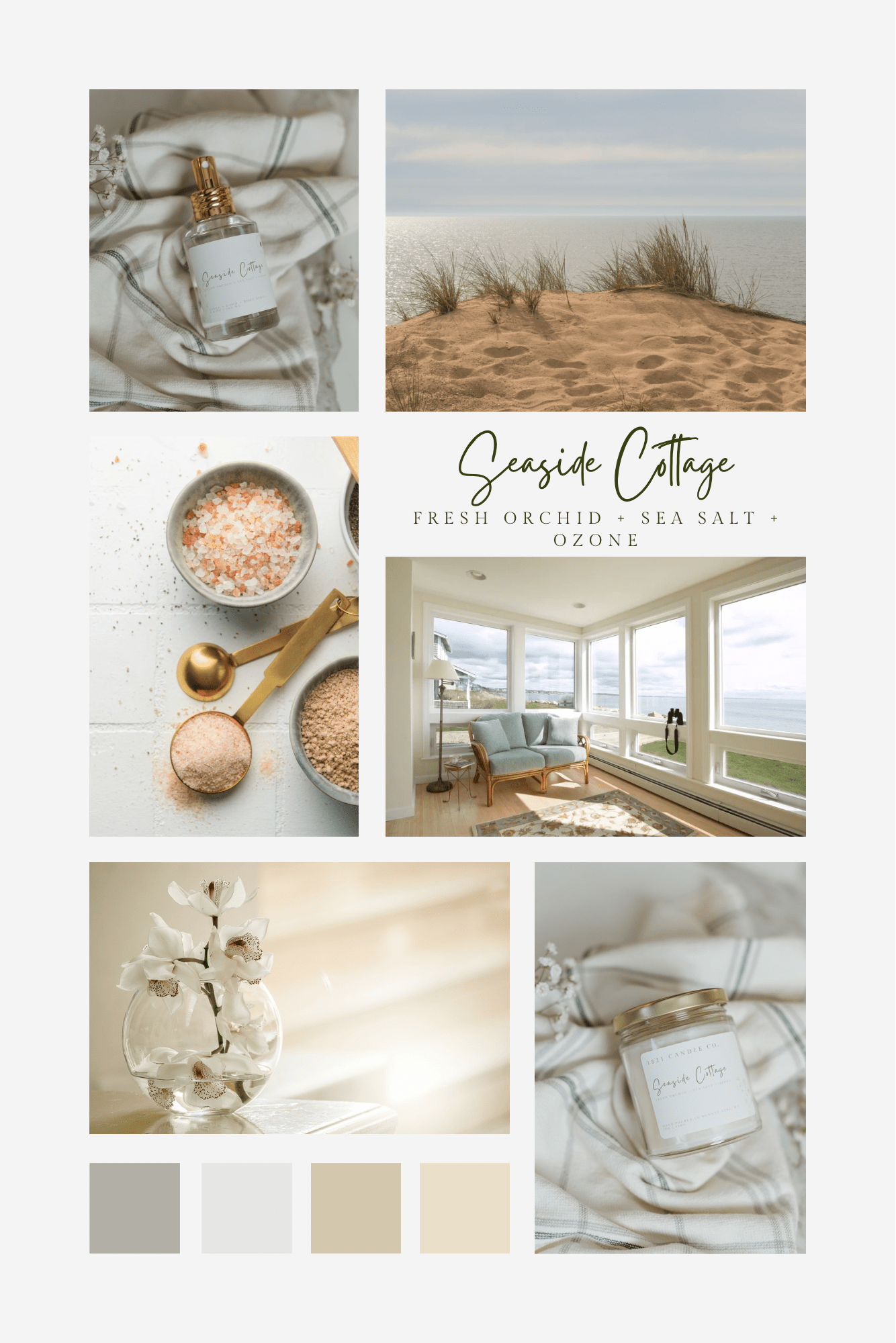 Seaside Cottage mood board with photos of sea salt, grassy ocean dunes, a seaside cottage overlooking the ocean