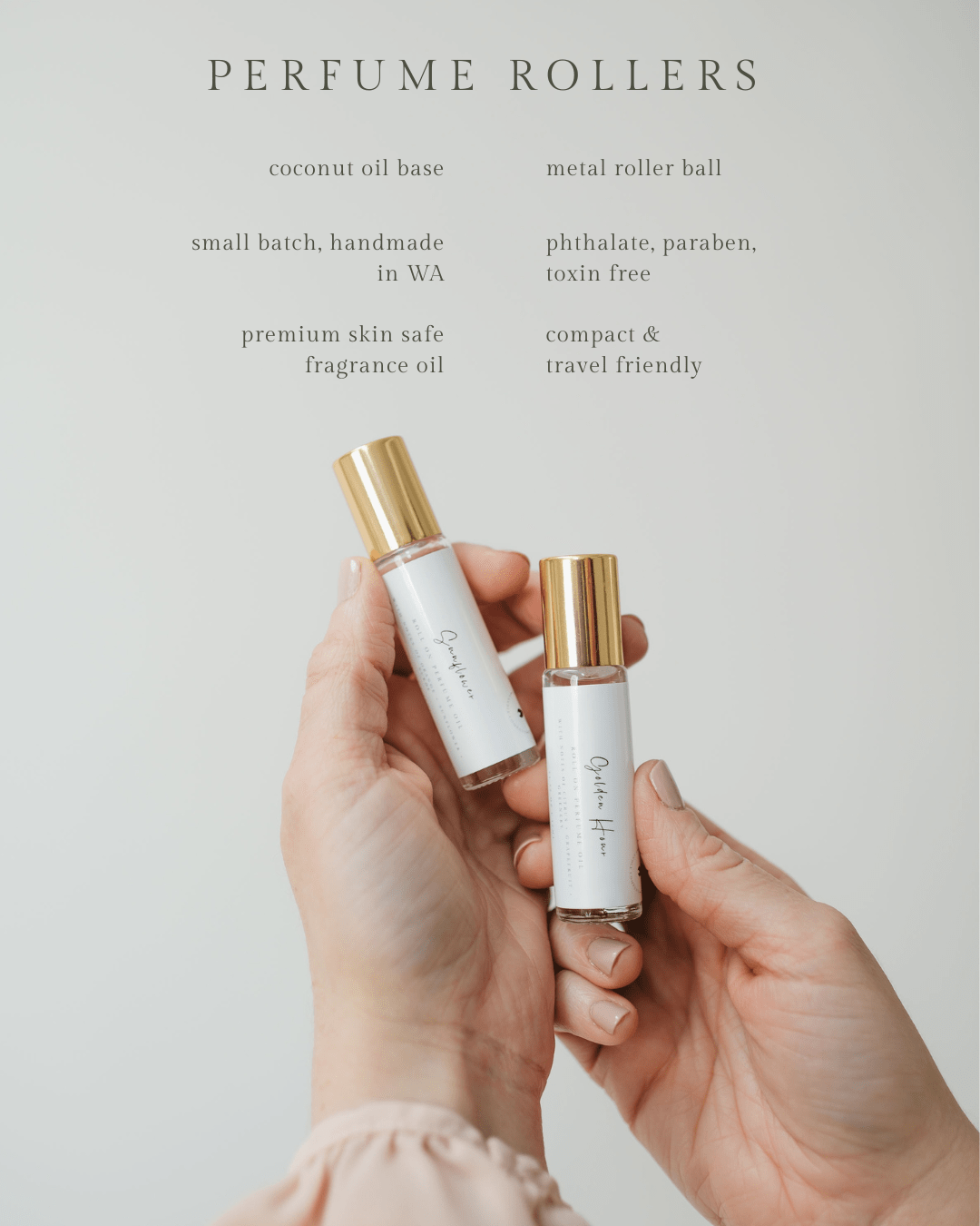 Perfume roller infographic, coconut oil base, small batch handmade in Bonney lake, wa, premium skin safe fragrance oils, metal roller ball perfume, phthalate, paraben, toxic free, compact and travel friendly