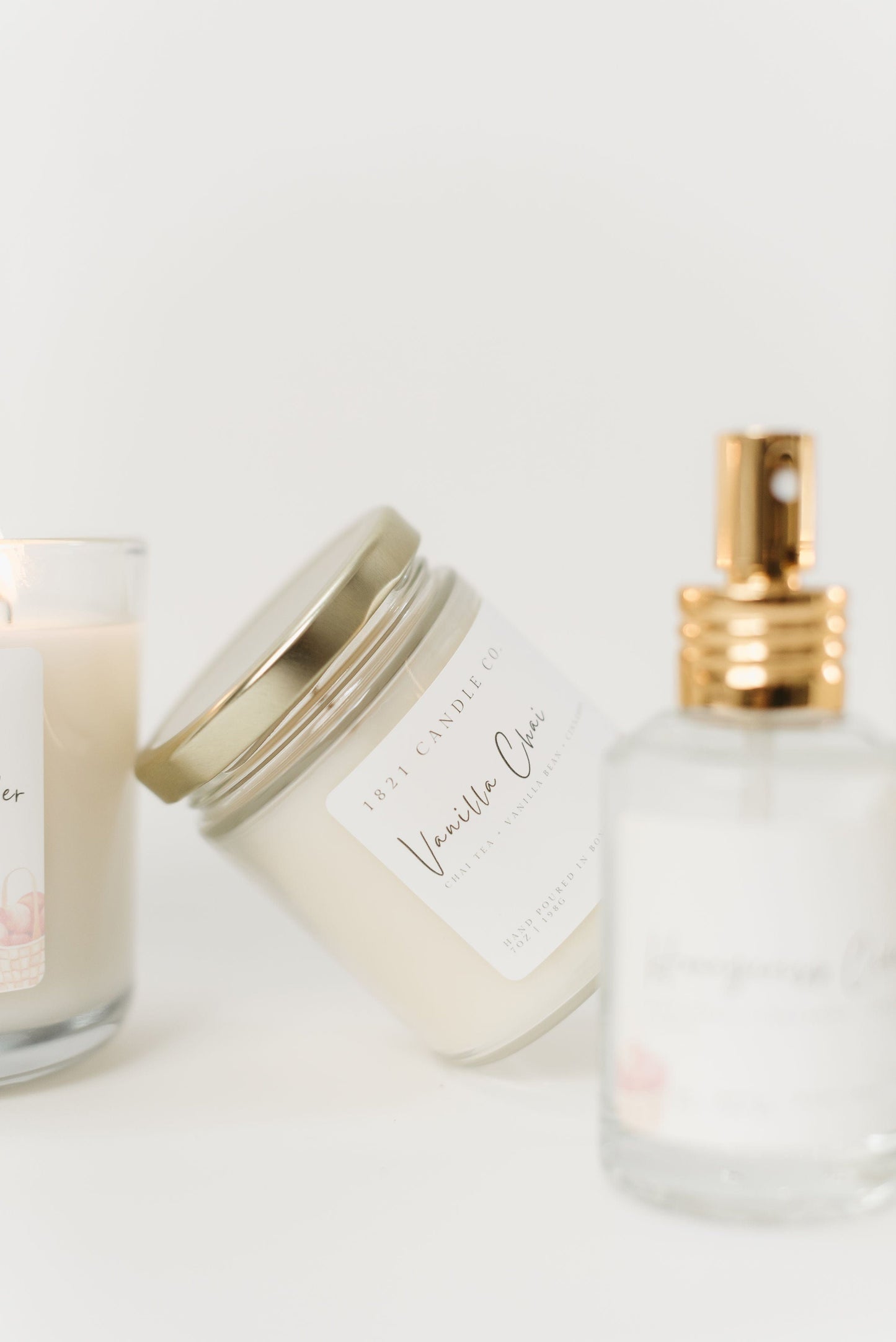 Vanilla Chai Candle Displayed against a white background. Fall scented candle with notes of chai, cinnamon and vanilla bean