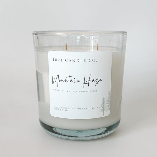 Mountain Haze candle with farmhouse style aesthetic. Notes of vanilla, smokey woods and musk